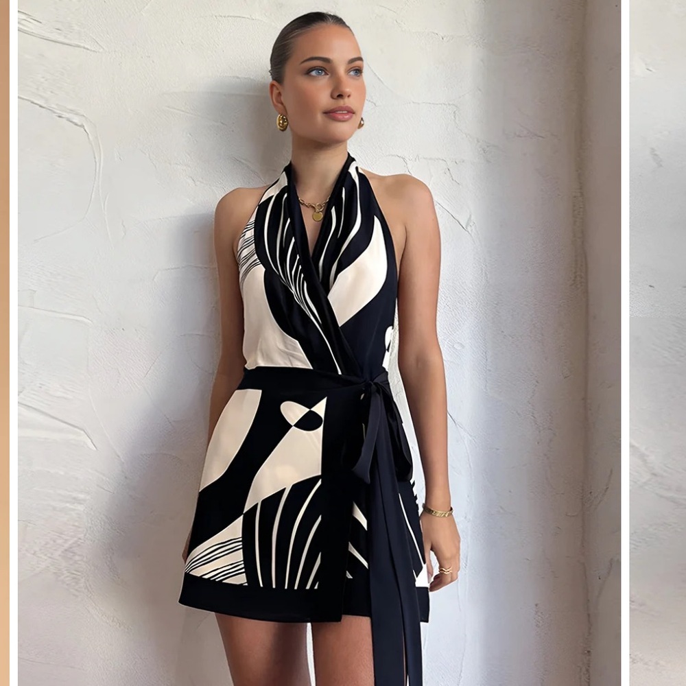 Printed Black and White Halter Dress